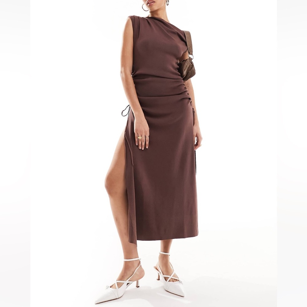 Lioness off shoulder thigh split midaxi dress in brown